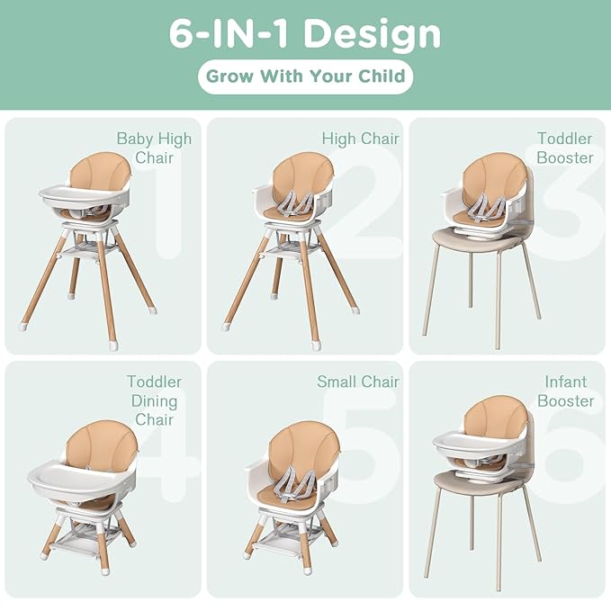 EROMMY 360° Swivel Baby High Chair,6-in-1 Convertible Wooden High Chair for Babies and Toddlers-Baby Feeding Chair with 5-Point Harness,Adjustable Highchair Features,Removable Double Tray
