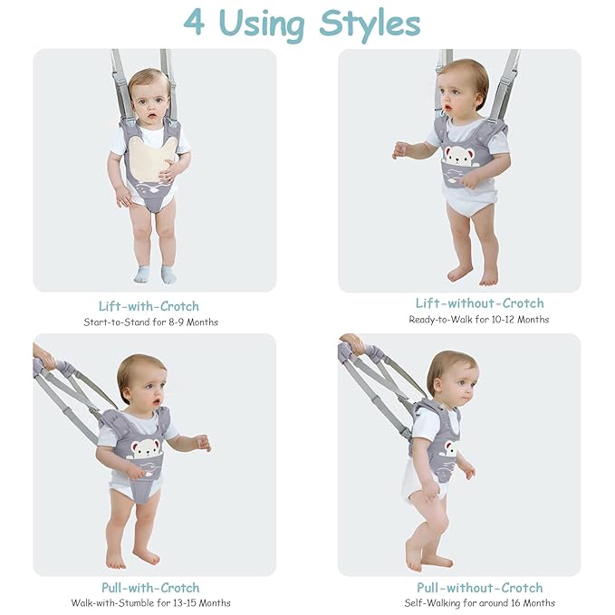 Baby Walking Harness Handheld Baby Walker Assistant Belt Adjustable Toddler Infant Walker Harnesses Standing Up and Walking Learning Helper with Detachable Crotch for 9-24 Month (Gray)