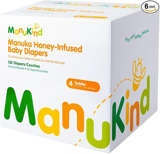 ManuKind Baby Diapers, Manuka Honey Infused, Ultra Soft, Plant-Based Materials, Quick-Dry Comfort, Leak Guard Protection, Size 4 – 132 Diapers (6 Packs of 22)