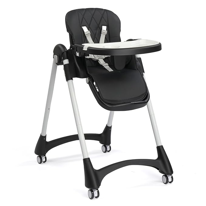 JOYMOR 4 in 1 Folding Baby High Chair for Babies to Toddlers, Infant Eating Foldable Highchair w/Leather Seat Cushion, 4-Position Removeable & Adjustable Tray, 5-Point Harness (Black)
