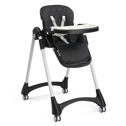 JOYMOR 4 in 1 Folding Baby High Chair for Babies to Toddlers, Infant Eating Foldable Highchair w/Leather Seat Cushion, 4-Position Removeable & Adjustable Tray, 5-Point Harness (Black)