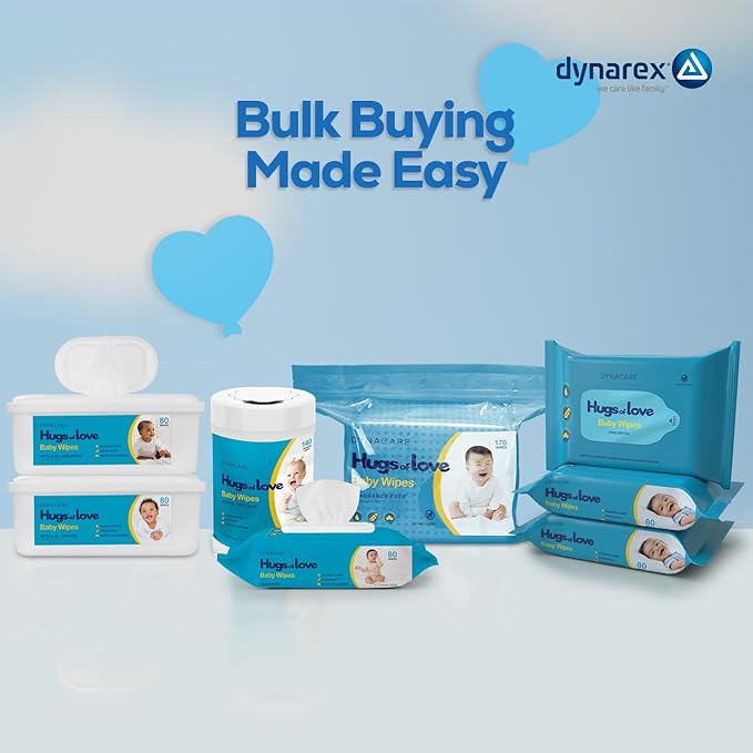 Dynarex DynaCare Hugs of Love Baby Wipes - Scented - Large - Alcohol-Free Wipes with Aloe & Lanolin, Safe for Sensitive Skin - 80 Wipes per Tub