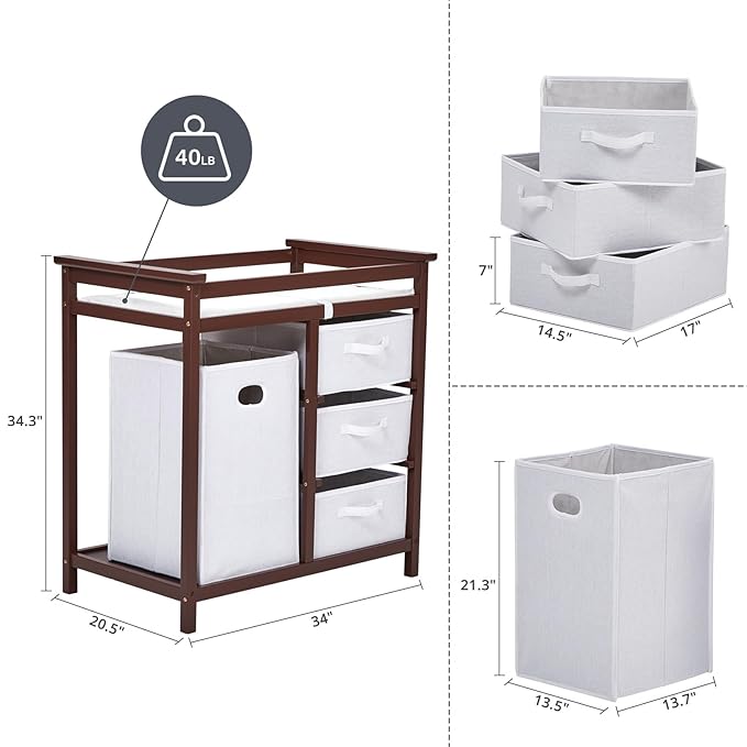 Garvee Wooden Baby Changing Table, Modern Diaper Changing Table, Infant Diaper Station Dresser with Laundry Hamper, 3 Drawer Basket- Storage Organizer for Baby Clothes, Diapers & Toys