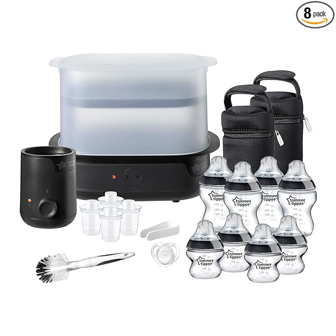 Tomee Steriliser, Warmer and 8x Bottles Complete Feeding Set, Black