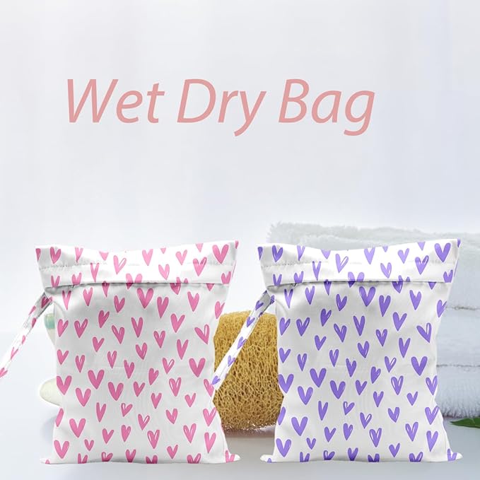 Waterproof Cloth Diaper Wet Dry Bag Reusable Travel Beach Pool Daycare Soiled Toddler Items Yoga Gym Bag for Swimsuits Wet Clothes Bags - 2pcs Love Heart Themed Pattern