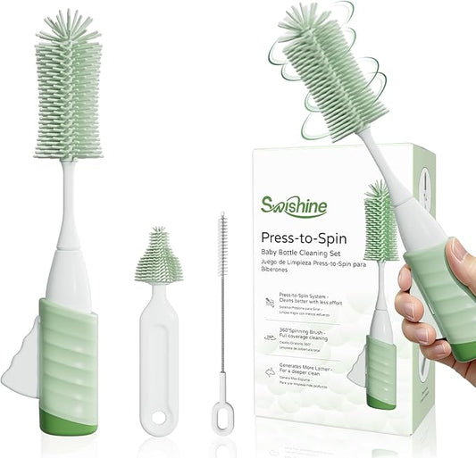 Baby Bottle Brush Set, Innovative Efficient Press-to-Spin Brush Cleaner - Includes Silicone Bottle Brush, Nipple Brush, Straw Cleaner - Spinning Generates Rich Foam for Deep Cleaning, Green