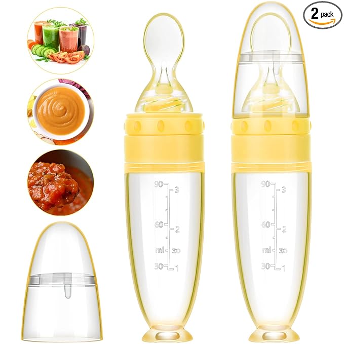2 Pieces Silicone Baby Spoons Baby Feeding Spoon with Standing Base for Infant 0-24 Months Dispensing and Feeding (Yellow)