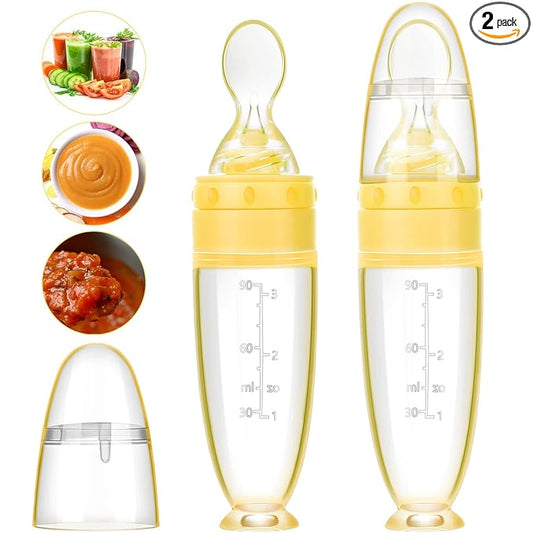 2 Pieces Silicone Baby Spoons Baby Feeding Spoon with Standing Base for Infant 0-24 Months Dispensing and Feeding (Yellow)