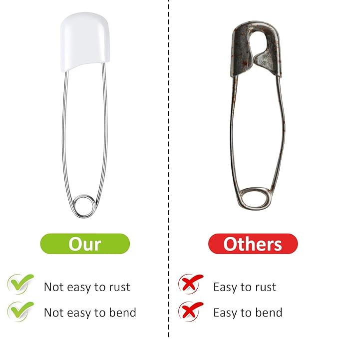 100 Pcs Diaper Pins, 2.2in Diaper Pins for Cloth Diapers Heavy Duty, Stainless Steel Baby Safety Pins, Plastic Head Baby Pins with Safe Locking Closures (White)