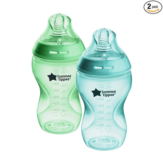 Tommee Tippee Natural Start Baby Bottle, 11oz, Thicker Feed, Breast-Like Nipple for Babies 6 Months+, Green and Teal, 2 Count