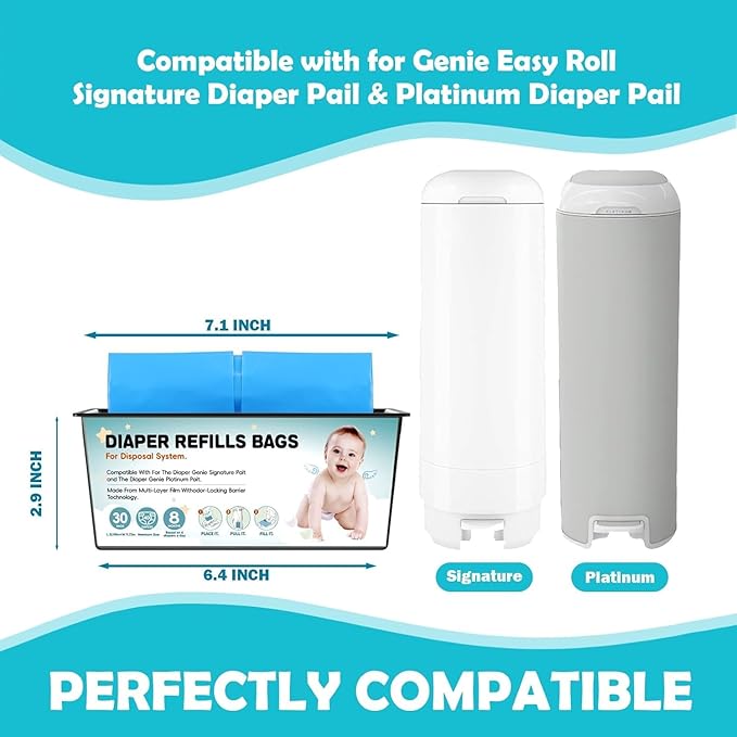 90 Bags Diaper Pail Refills Bags Compatible with Genie Easy Roll Signature and Platinum Diaper Pails | 7-Layer,Odor Barrier Technology| Holds Up to 4330 Newborn Diapers, 3 Pack