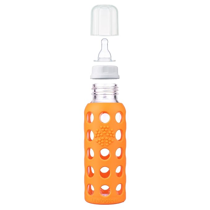 Lifefactory 9-Ounce BPA-Free Glass Baby Bottle with Protective Silicone Sleeve and Stage 2 Nipple, Papaya