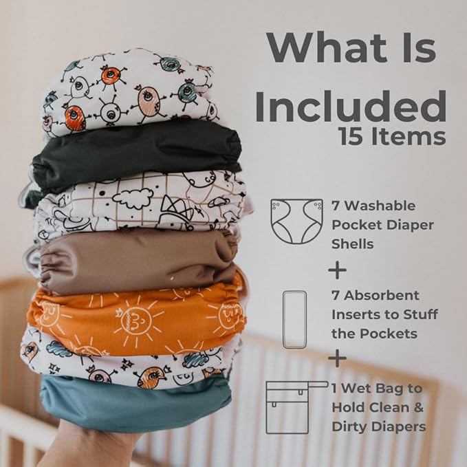 Nora's Nursery Cloth Diapers 7 Pack with 7 Inserts & 1 Wet Bag - Waterproof Cover, Washable, Reusable & One Size Adjustable Pocket Diapers for Newborns and Toddlers - Outer Space