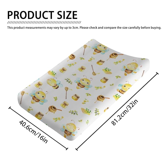 Cartoon Bees Boho Leaves Honey Changing Pad Covers for Baby Toddler, 32''x16'' Soft Breathable Polyester, Yellow, Bees & Flowers Pattern, Water Resistant, Machine Washable