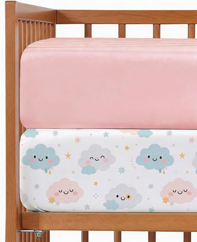 2-Pack Mini Crib Sheets Fitted - Pack N Play Sheets for Pack and Play Mattress - Stretchy Soft Microfiber Playard Bedding - Mini Toddler Bed Cover for Boys & Girls - Oeko-Tex - 38 x 24in, Happy Clouds