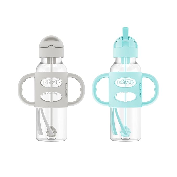 Dr. Brown's Milestones Narrow Sippy Straw Bottle with 100% Silicone Handles, 8oz/250mL, Gray & Dr. Brown’s Milestones Baby’s First Straw Cup, Training Cup with Weighted Straw, Coral, 6m+