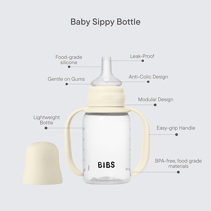 BIBS Sippy Bottle 150 ml – Leak-Proof Toddler Cup with Easy-Grab Handles & Soft Silicone Spout – BPA-Free Baby Training Cup - Ivory