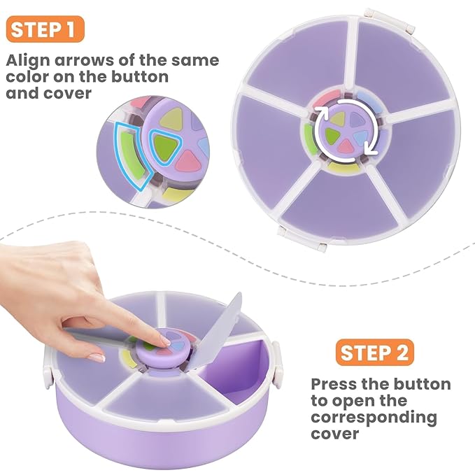Pawtong Snack Rotator Container Reusable Snack Box with 5 Compartment Dispenser and Lid, Color Matching Opening Lid, BPA and PVC Free, for Home, School, Travel (2 Pack- Purple)