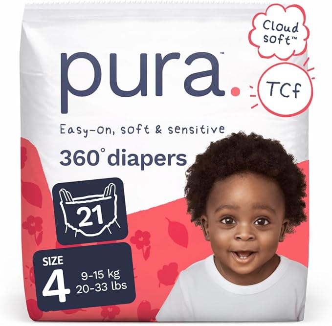 Pura 360° Diaper Pants Size 4, 63 Count, 20-33lbs, TCF, Stretch Fit, Pull On Diaper for Hypoallergenic & Sensitive Skin, Up to 12 Hours Overnight Leak Protection