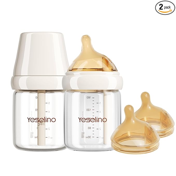 Natural Nursing Glass Baby Bottle - with Anti-Colic Vent System - BPA-Free, 5oz with Medium Flow Nipple, 0-6 Months, 2 Pack (Includes 4pcs Nipples)