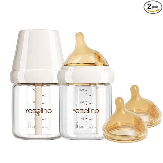 Natural Nursing Glass Baby Bottle - with Anti-Colic Vent System - BPA-Free, 5oz with Medium Flow Nipple, 0-6 Months, 2 Pack (Includes 4pcs Nipples)