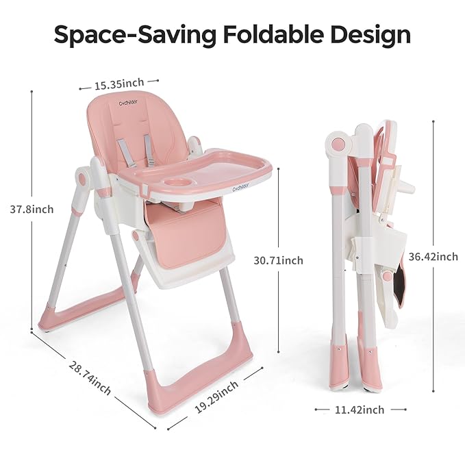 Cochildor 3-in-1 Foldable High Chair for Babies & Toddlers – Adjustable Height, Reclining Seat, 5-Point Safety Harness, Removable Tray, Lockable Wheels, Washable Cushion – Portable & Easy Clean, Pink