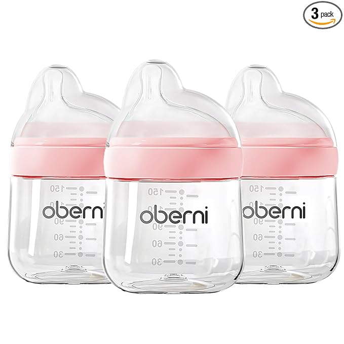 Oberni Baby Bottles with Slow Off-Centered Nipple for 0+ Months, Anti Colic Newborn Milk Feeding Bottle, 150ml/5oz/Pink/3Pack