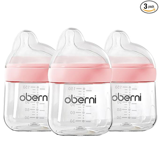 Oberni Baby Bottles with Slow Off-Centered Nipple for 0+ Months, Anti Colic Newborn Milk Feeding Bottle, 150ml/5oz/Pink/3Pack