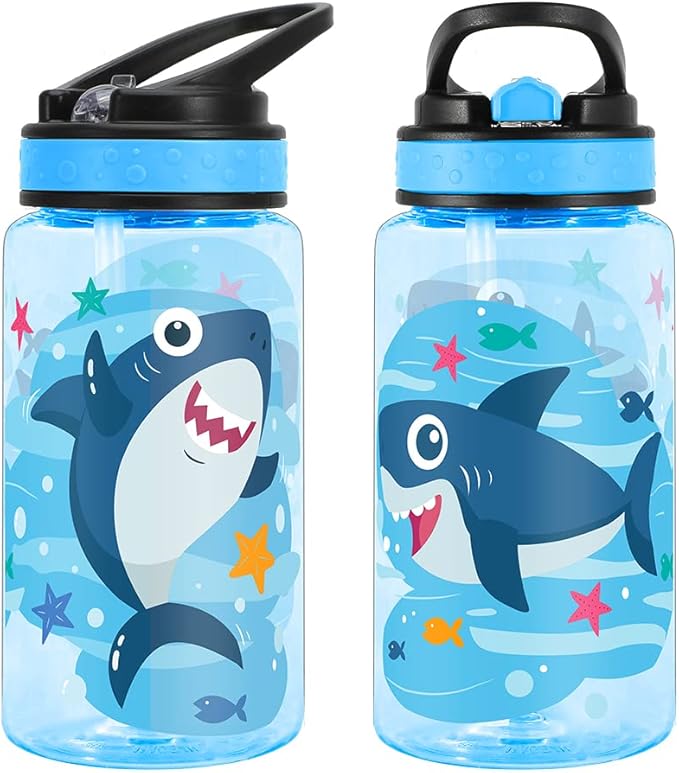 15oz Water Bottle for Kids Girls Boys School, BPA Free, Leak Proof Flip Straw, Carry Loop, Easy Clean - Shark