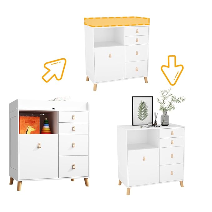 Baby Dresser with Changing Table Top, 5 Drawers Nursery Dresser with Removable Guard, Infant Diaper Changing Station Baby Cloth Organizer for Nursery and Kids Bedroom, White - 33.5" W