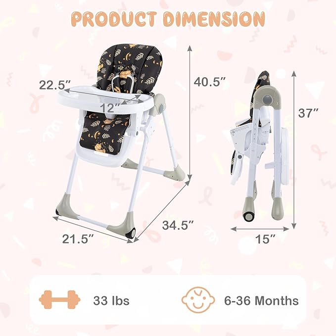 HONEY JOY Baby High Chair, Foldable Highchair for Babies and Toddlers, Adjustable Heights, Recline Backrest & Footrest, Detachable Tray & PU Seat, Portable Highchairs with Wheels (Leaf Black)