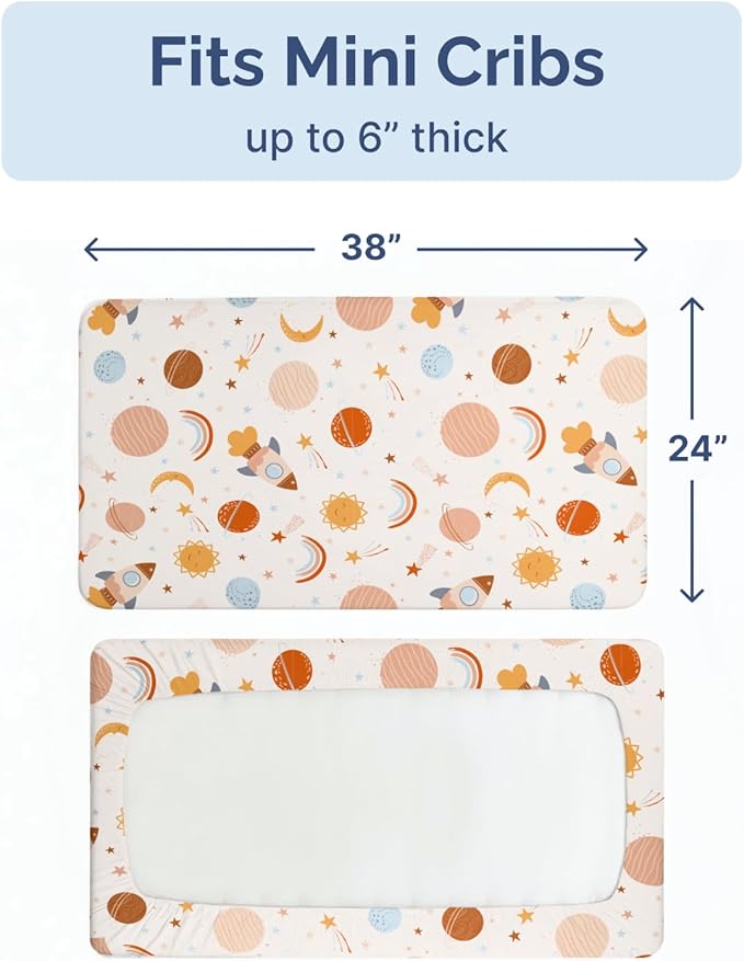 2-Pack Mini Crib Sheets Fitted - Pack N Play Sheets for Pack and Play Mattress - Stretchy Soft Microfiber Playard Bedding - Mini Toddler Bed Cover for Boys & Girls - Oeko-Tex - 38 x 24in, Space Boy