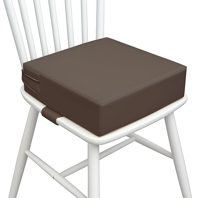 Toddler Booster Seat for Dining Table – PU Washable Cushion with Double Safe Straps, Non-Slip Bottom, Portable Travel Booster Seat for Toddlers (Dark Brown)