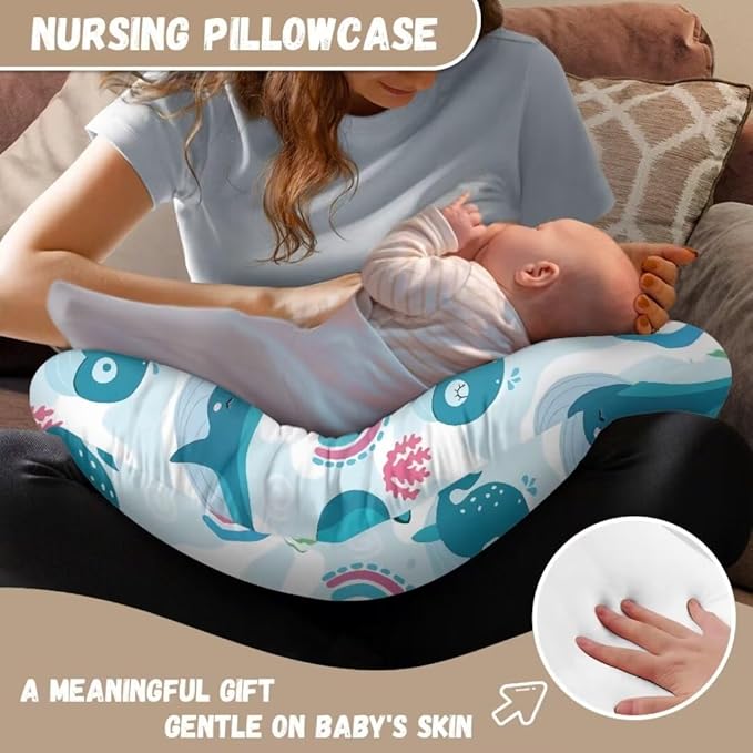 Nursing Pillow Cover for Breastfeeding, Fits Standard Nursing Pillow, Removable Cotton Cover, Blue Whales