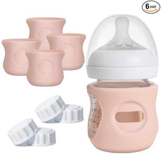 4 Pack Silicone Sleeves for Philips Avent Natural Glass Baby Bottles, Food Grade Silicone Cover and 4pcs Travel Caps, Lids Replacement (4Pink, 4oz)