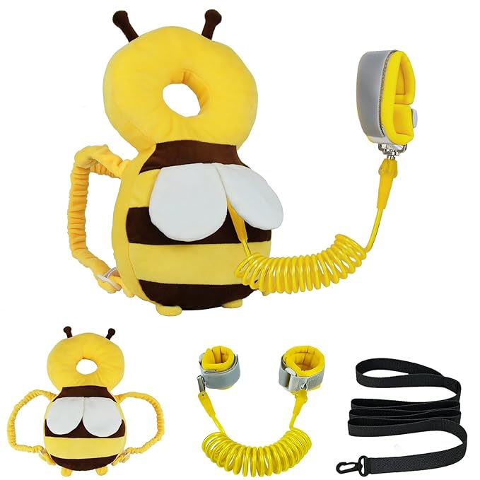 Baby Head Protector Backpack with Toddler Leash, Anti Lost Wrist Link, Adjustable Toddler Head Protection Backpack, 3 in 1 Cute Baby Fall Back Head Protector for Crawling Walking Gifts(Yellow Bee)