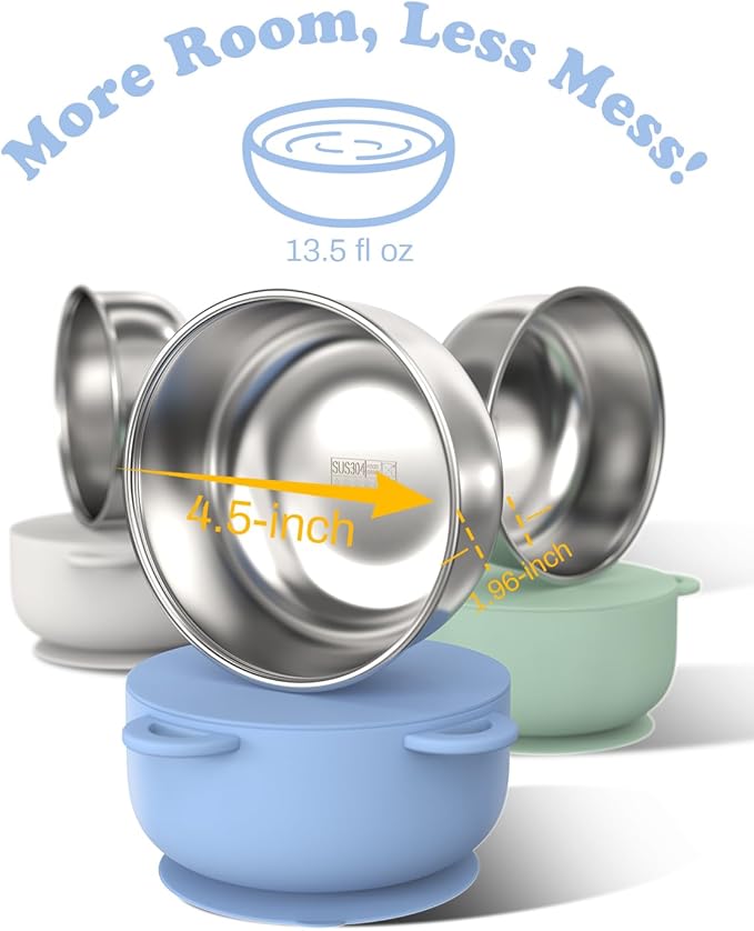 Bakpoco Baby Suction Bowls with Lids 4-Pack, 2-in-1 Stainless Steel 304 Toddler Bowl & Removable Silicone Suction Kids Bowl Plate Set Non Toxic Snack Dishes for Self-Feeding, Ocean Explorer Set