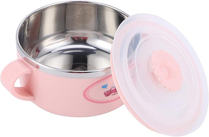 Zerodis 304 Stainless Steel Toddler Bowl with Double Layer Heat Insulation, Cartoon Design, Lid and Handles - Feeding Tableware