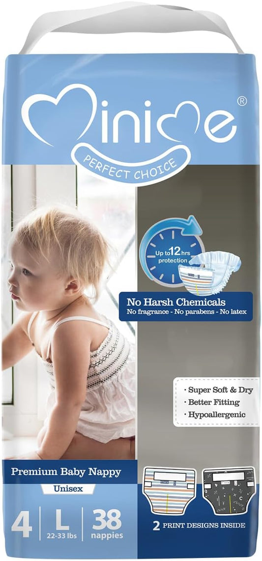 Minime Baby Diapers - Size 4 (22-33 lbs), Large, 38 Count, Premium Ultra Soft Disposable Baby Diapers, Hypoallergenic, Fragrance Free