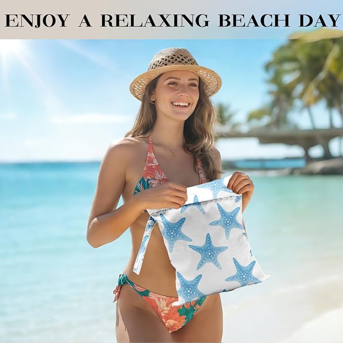 Wet Dry Bag 12x10 Inch, Starfish Wet Bag for Swimsuit Diapers Travel Beach Pool Dirty Yoga Gym Clothes Makeup Bags Beach Wedding Supplies Waterproof Reusable Starfish Gifts for Women Friend