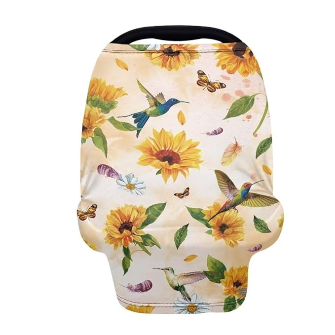 Coldinair Hummingbird Car Seat Cover for Babies Girls Sunflower Nursing Cover,Soft Stretchy Infant Carseat Canopy,Shopping Cart/High Chair/Stroller Covers