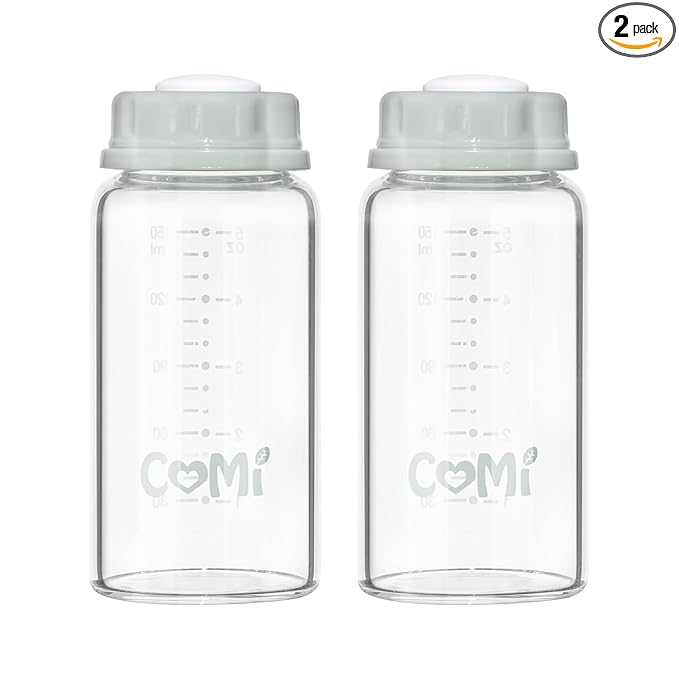 COMI Natural Glass Baby Bottle,Breastmilk Storage Bottle for Fridge,Breast Milk Container,Breast Pump Bottle Compatible with Medela Breast Pump,BPA Free,2PCS (5oz,2 Gray Lids)