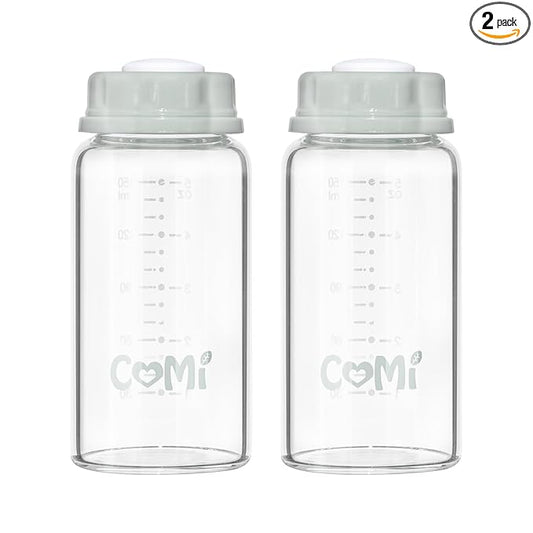 COMI Natural Glass Baby Bottle,Breastmilk Storage Bottle for Fridge,Breast Milk Container,Breast Pump Bottle Compatible with Medela Breast Pump,BPA Free,2PCS (5oz,2 Gray Lids)