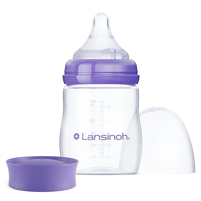 Lansinoh Anti-Colic Baby Bottles, BPA-Free Plastic, 5 Ounces, 1 Count, Slow Flow Nipples (Size S), Breastfeeding Bottle with NaturalWave Design
