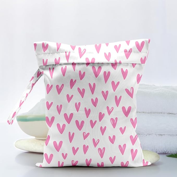 Waterproof Cloth Diaper Wet Dry Bag Reusable Travel Beach Pool Daycare Soiled Toddler Items Yoga Gym Bag for Swimsuits Wet Clothes Bags - Pink Love Pattern