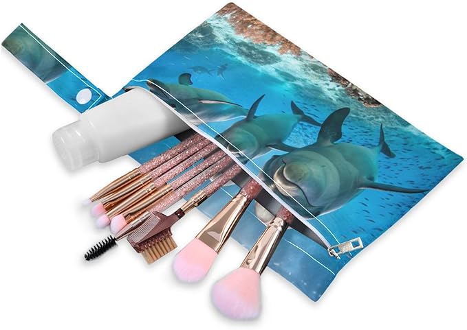 Three Cute Dolphins Wet Dry Bags Set of 2, Reusable Waterproof Organizer with Zipper Pockets for Baby Diapers, Swimsuits, Beach Travel Toiletries Storage