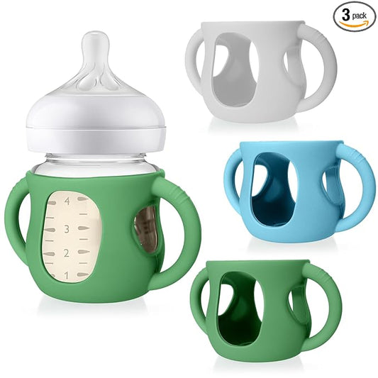 Juome Silicone Sleeves with Handles for Avent Natural Glass Baby Bottle - 3 Pack Anti Breakage Holder for Phillips Avent Baby Bottles, Compatible with Philips Avent Anti Colic Baby Bottles 4 oz
