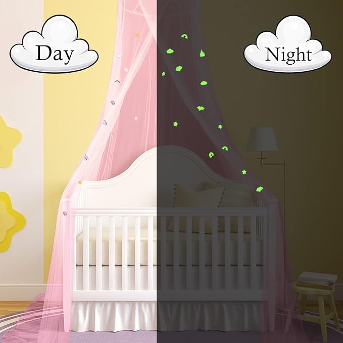 Stars Glow in The Dark Bed Canopy for Girls Unicorn Room Decor - Pink Bed Canopy Crib Mosquito Net Fluorescent Mosquito Net Hanging