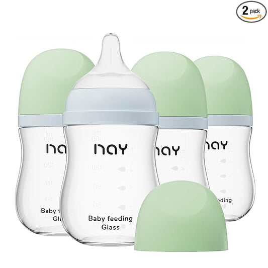 yanyoyo Natural Glass Baby Bottle Wide Neck, Anti-Colic Baby Bottle, Clear, 5.4oz(Pack of 4), Includes 4Pcs Natural Response Nipple(S), 1 Months+