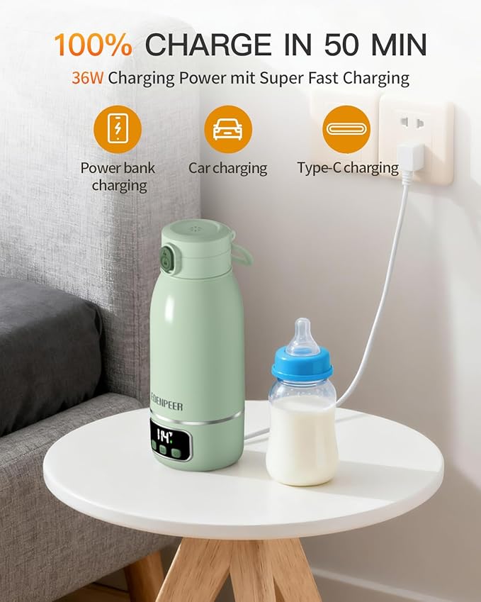 Portable Bottle Warmer on The Go, 17.6 OZ 120 W Fastest Heating, for Breast Milk & Water, 17400 mAh Battery, Precise Temperature Control, 48H Keep Warm, Rechargeable Baby Milk Warmer for Car & Outdoor
